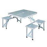 Outsunny Mesa Maleta de Camping Plegable Portátil con 4 Asientos y Agujero para Sombrilla Estructura de Aluminio para Playa Picnic 136x85,5x66 cm Plata