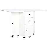 HOMCOM Mesa de Comedor Plegable con Ruedas Alas Abatibles 2 Cajones y Armario Mesa Auxiliar Multifuncional para Estudio Cocina 120x60x76,5 cm Blanco