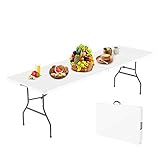 Todeco - Mesa de Plástico Resistente, Mesa Plegable Portátil, 240 x 75.5 cm, Blanco, Plegable por la Mitad, Material: HDPE, Carga máxima: 100 kg
