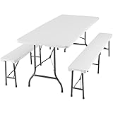 tectake 801081 Juego de Mesa de Camping Plegable, Set de Mesa + Bancos portátiles, Conjunto de Mesa y Asientos de Picnic para Playa (Blanco)