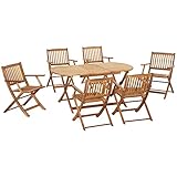 Outsunny Conjunto de Jardín de Madera Plegable 7 Piezas Mesa de Comedor 160x85x72 cm con Agujero para Sombrilla Ø38mm 6 Sillas 60x55x91 cm para Terraza...