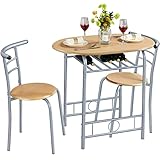 Yaheetech Juego Mesa de Cocina con 2 Sillas de Comedor Conjuntos de Mueble de 3 Piezas con Vino Estante Madera Natural