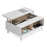 Mesa de Centro Elevable, Comedor Salón, Modelo Zaiken Plus, Color Blanco Brillo y Roble Canadian, Medidas: 100 cm (Ancho) x 38/48 cm (Alto) x 68 cm...