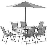 Outsunny Conjunto de Muebles de Jardín 8 Piezas con 6 Sillas Plegables Mesa de Comedor de Vidrio y Sombrilla Inclinable con Manivela Protección del Sol...