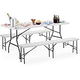 Casaria Conjunto de 1 Mesa y 2 Bancos Plegables 180cm Blanco Set de Muebles cerveceros de jardín