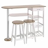 Conjunto de mesa alta y 2 taburetes con 1 cajón, 2 estantes, cesta extraíble y botellero para cocina de madera blanco y natural -LOLAhome