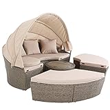 Casaria Tumbona Isla 2en1 Ø185cm Cama de Poliratán Conjunto de Jardín Mesita y Sillas Toldo Plegable Beige